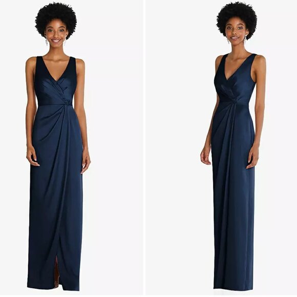 After Six Dresses & Skirts - *Size 2 - AFTER SIX - Faux Wrap Satin Maxi Dress Tulip Skirt Navy Blue NEW $261